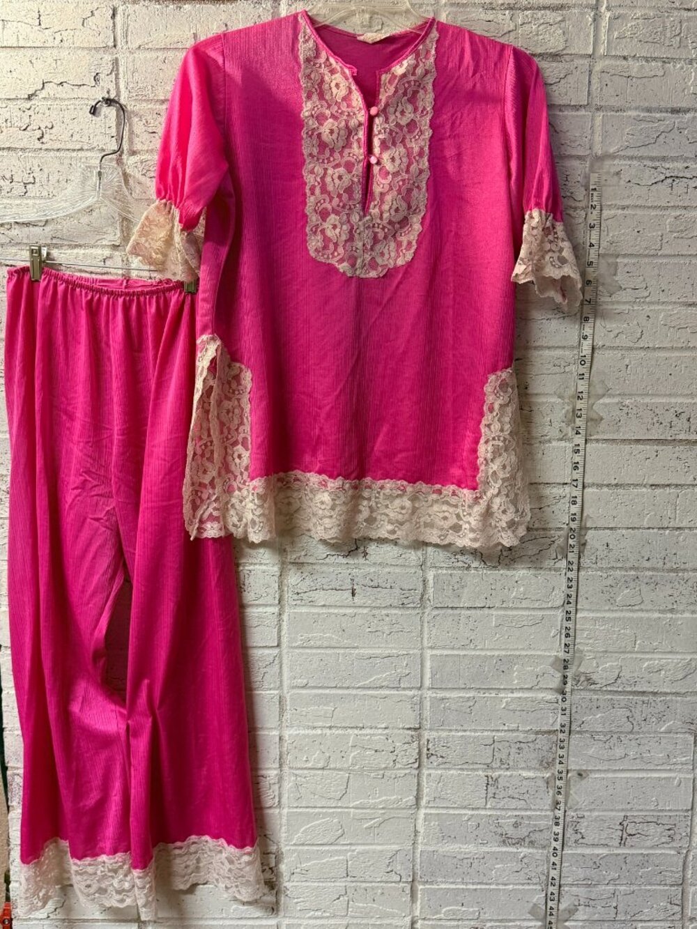Vintage Erica Loren Hot Pink Lace Pajama Set Large Y2K Lounge Sleepwear 2 Piece